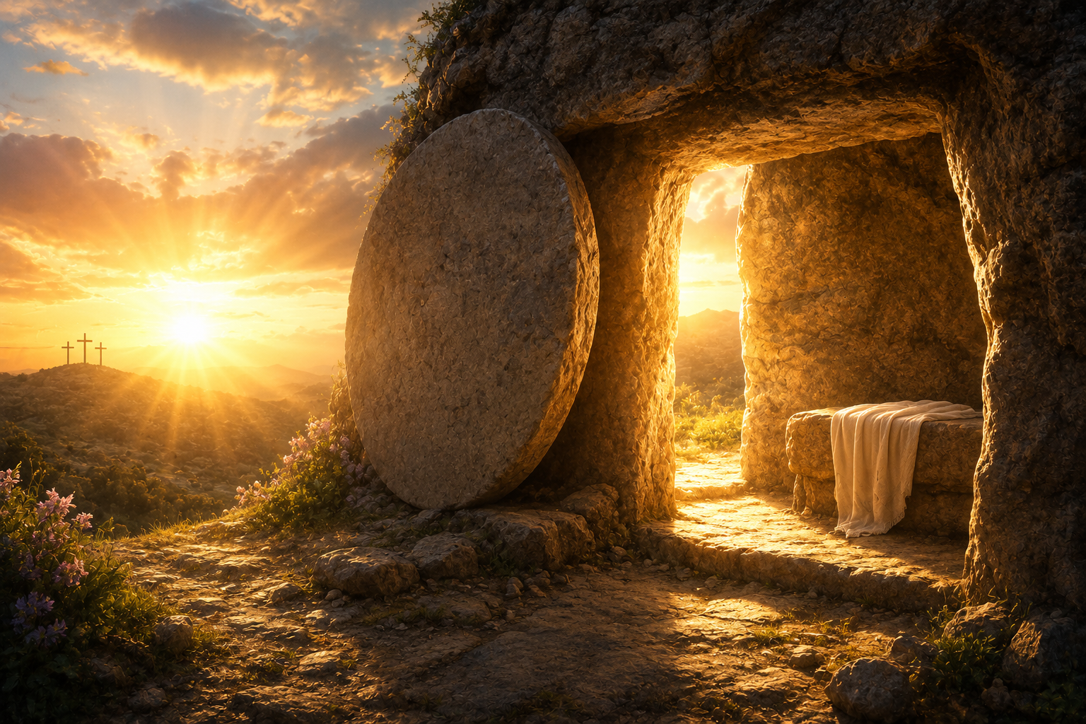 The empty tomb at sunrise — the stone rolled away (step-five.png)