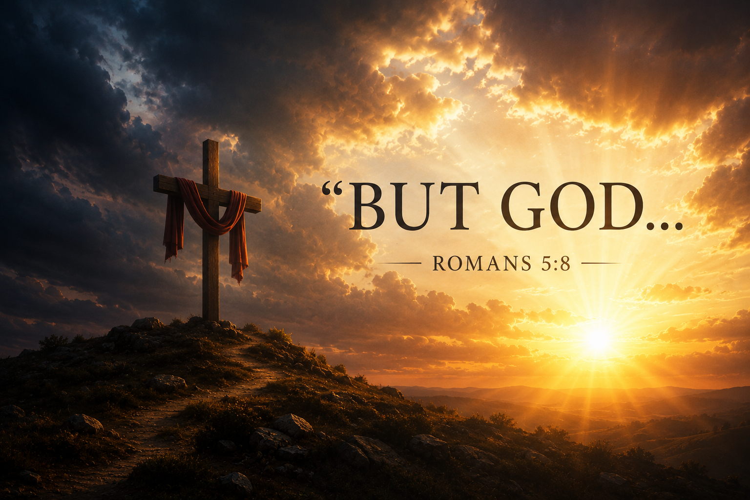 A wooden cross stands on a hill at sunrise with the words 'But God… Romans 5:8' (step-four.png)