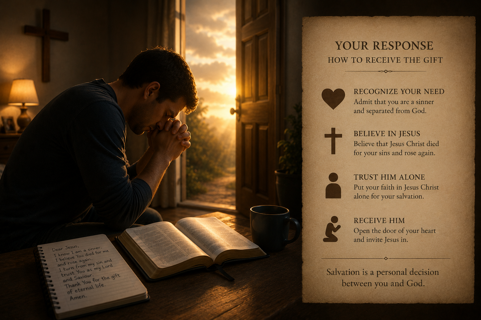 A person praying with hands clasped over an open Bible (step-seven.png)