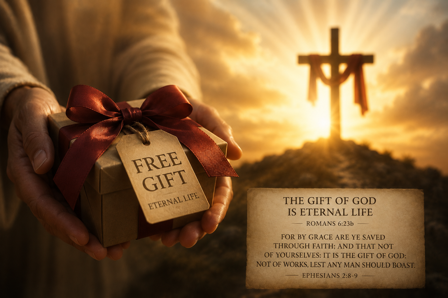 Hands offering a gift box labelled 'Free Gift — Eternal Life' with a cross and golden sky (step-six.png)