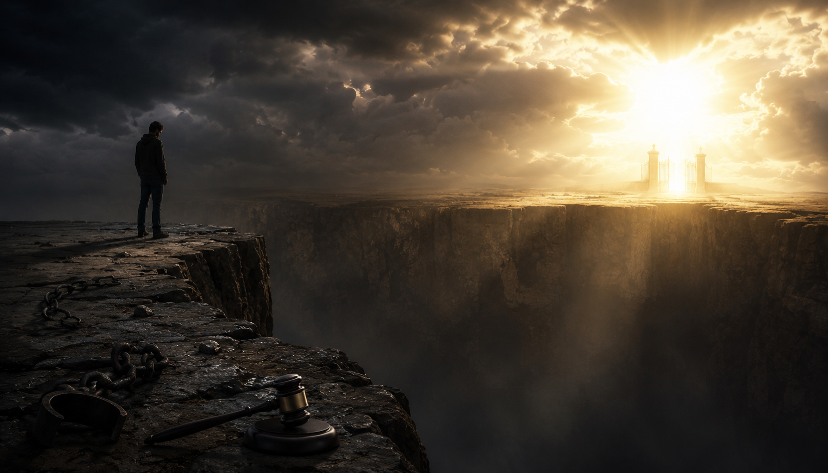 A lone figure stands at the edge of a vast chasm, separated from God's light on the far side (step-three.png)