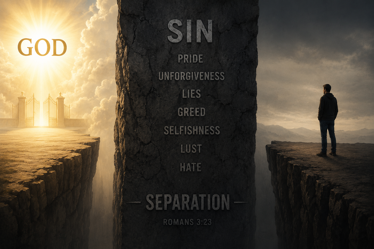 A stone wall engraved with SIN separates a man from God's light (step-two.png)